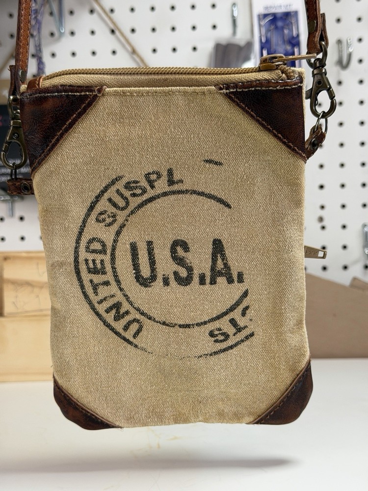 Vintage Canvas Leather Crossbody Bag U.S.A. Military Style Travel Pouch Rustic