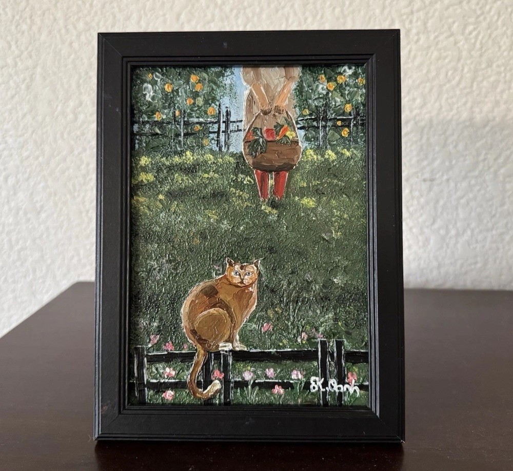 ORIGINAL OIL PAINTING ORANGE CAT IN THE GARDEN RURAL LANDSCAPE SIGNED FRAMED 5x7