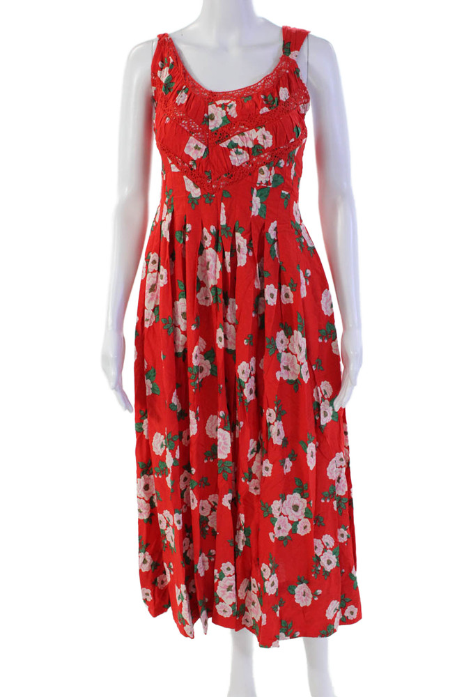 Free People Womens Floral Printed Double Pocket Pleated Midi Dress Red Size XSFree Shipping in US $100+ Orders | $6.95 Orders Below