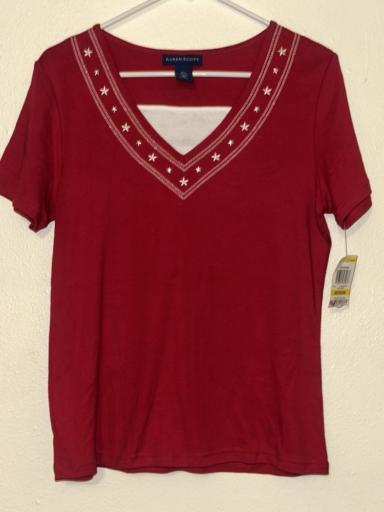 Karen Scott Red Cotton Knit V-Neck Embroidered Star T-Shirt Short Sleeve M