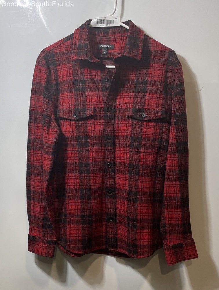 Express Mens Red Plaid Flannel Long Sleeve Double Pocket Button-Up Shirt Size S