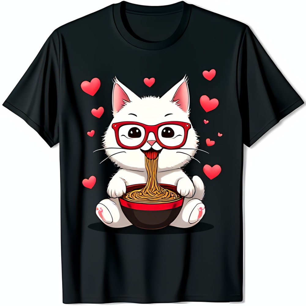 Playful Black T-Shirt with Cartoon Cat in Red Glasses Enjoying Noodles & Hearts