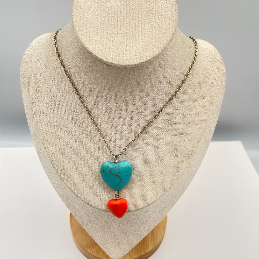 Vintage Boho Turquoise & Red Coral Heart Pendant Necklace Layered Love Jewelry