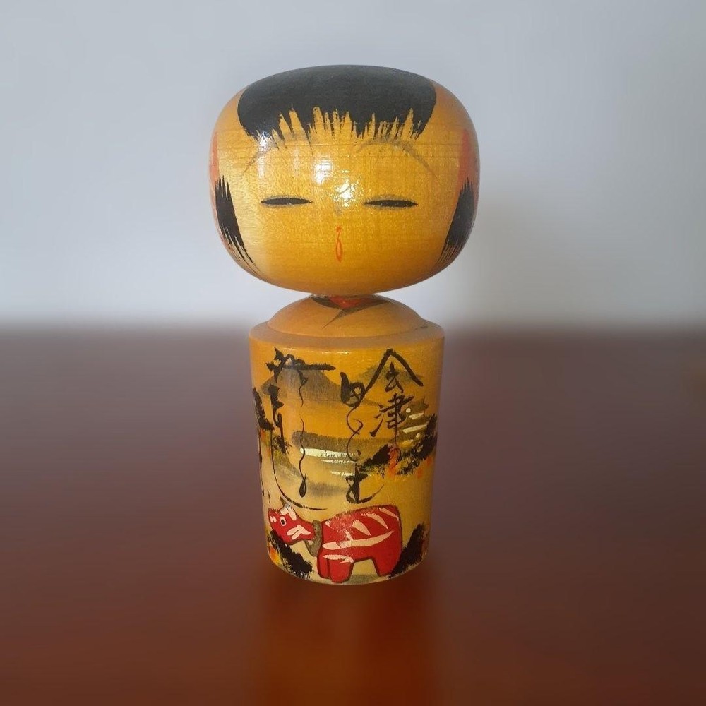 Traditional Japanese Kokeshi Doll Hand-painted Flowers, Wooden, 11.5cm