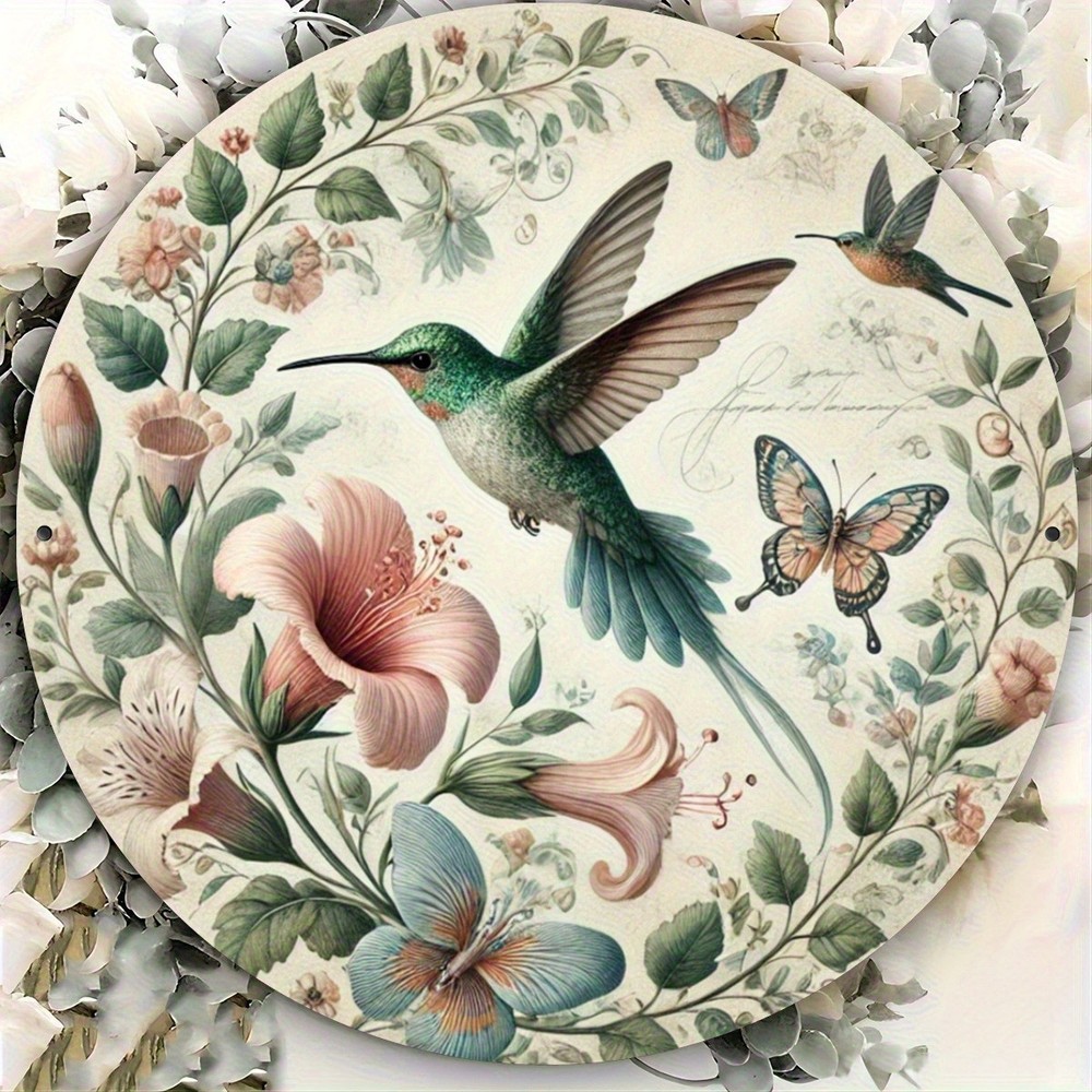 7.8 Inch Hummingbird Floral Botanical Round Aluminum Metal Wall Art