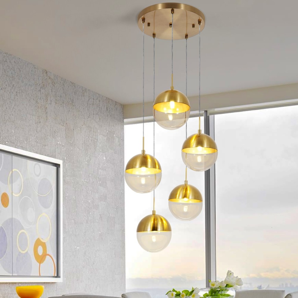 5-Light Pendant Light Ceiling Fixture Mid Century Globe Glass Cluster Chandelier