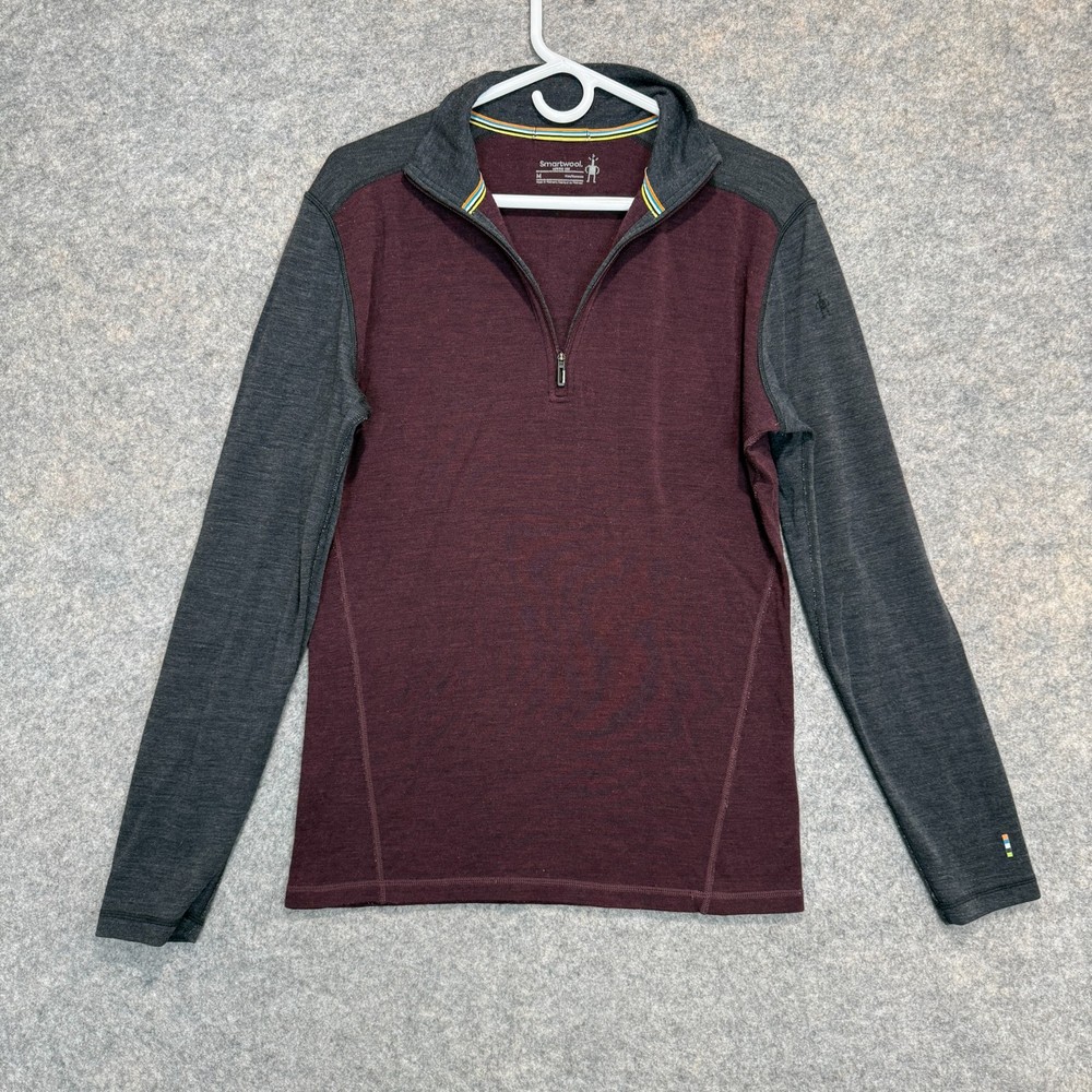 Smartwool Merino 250 Baselayer 1/4 Zip Top Shirt Mens Medium Red Gray Thermal