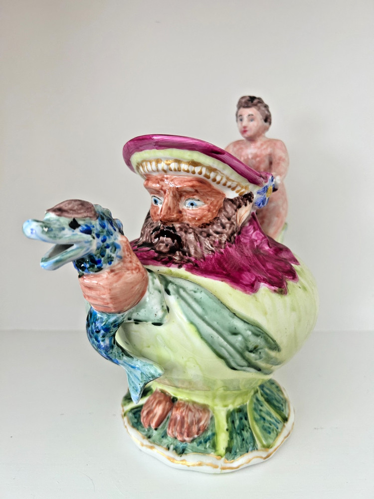 VTG Majolica Style Figural Pitcher Man Fish Putti Style Figure Art Pottery 9