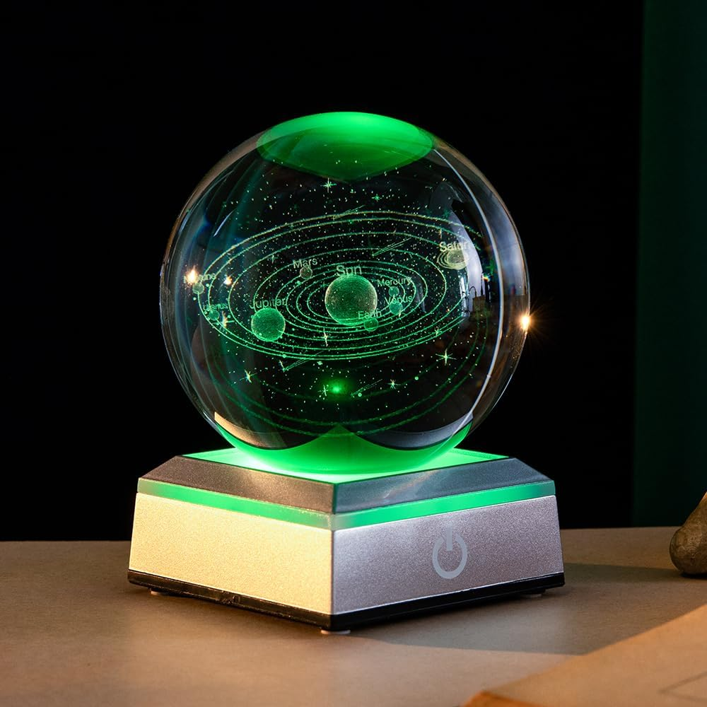 3D Solar System Crystal Ball with Laser Engraved Planets and LED Light Base - Sc