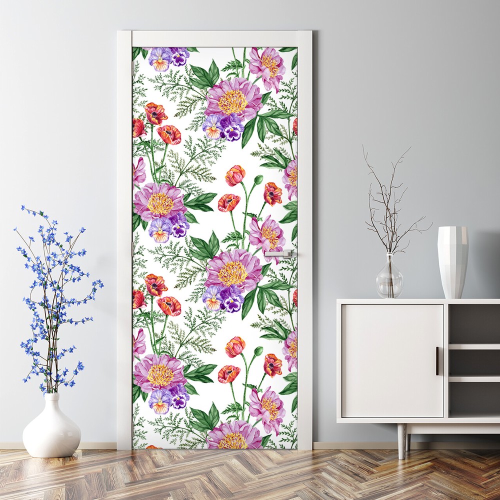 Bouquet Peonies Bubble Free | Green Botanical Artwork | Peel and Stick Door Wrap