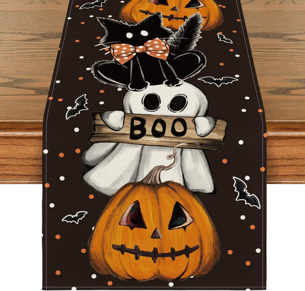 Halloween Table Runner Spiders Cat Boo Seasonal 72 inch x 13