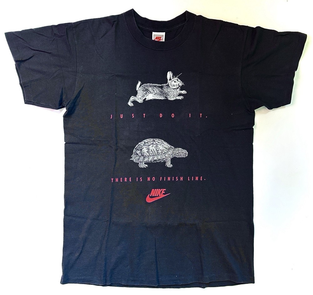 VTG Vintage 90s Nike No Finish Line Turtle Rabbit Grey Tag Large Shirt USA Made