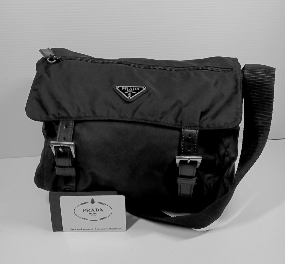 RARE PRADA B6671 black nylon shoulder bag with triangle plate crossbody messenger
