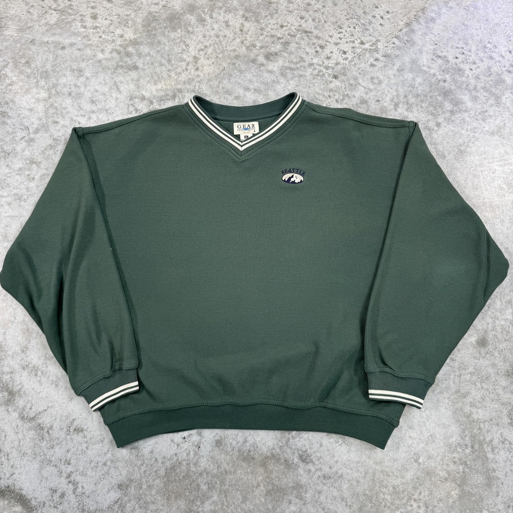Vintage Seattle Sweater Mens 2XL Green V Neck Pullover sweatshirt 90s tourist