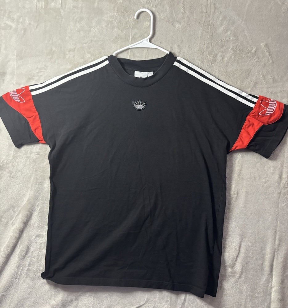 Adidas Originals Mens L Black 3-Stripes Trefoil Red Sleeve Soccer Shirt Tee