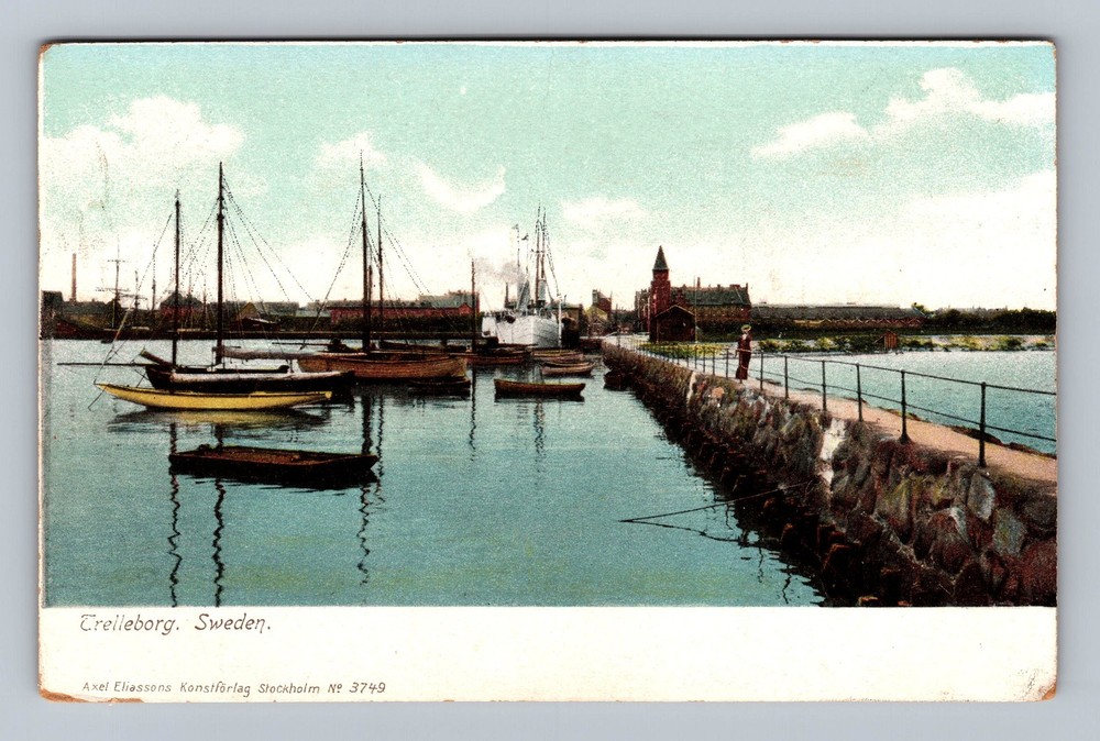 Sweden- Trelleborg Harbor Boats Docked Jetty Church View Old PC Vintage Postcard