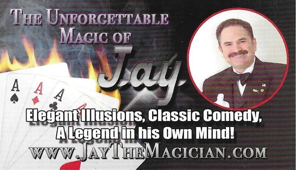 Jay the Magician business card from the New Jersey area; unforgettable magic