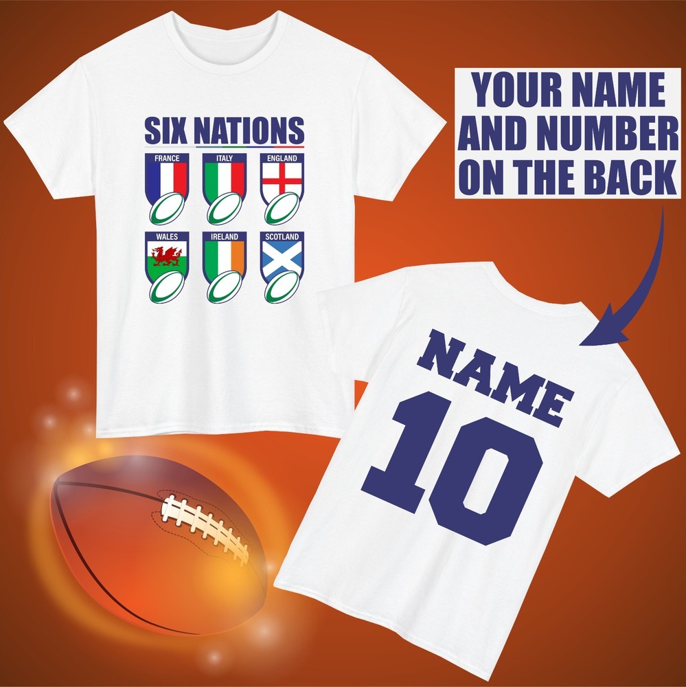 Personalised Six Nations Rugby T-Shirt Custom Name Number Fans Gift Unisex Top