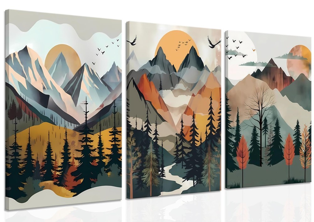 Mountain Canvas Wall Art Set of 3, Boho Sun Forest Abstract Nature Landscape ...-image