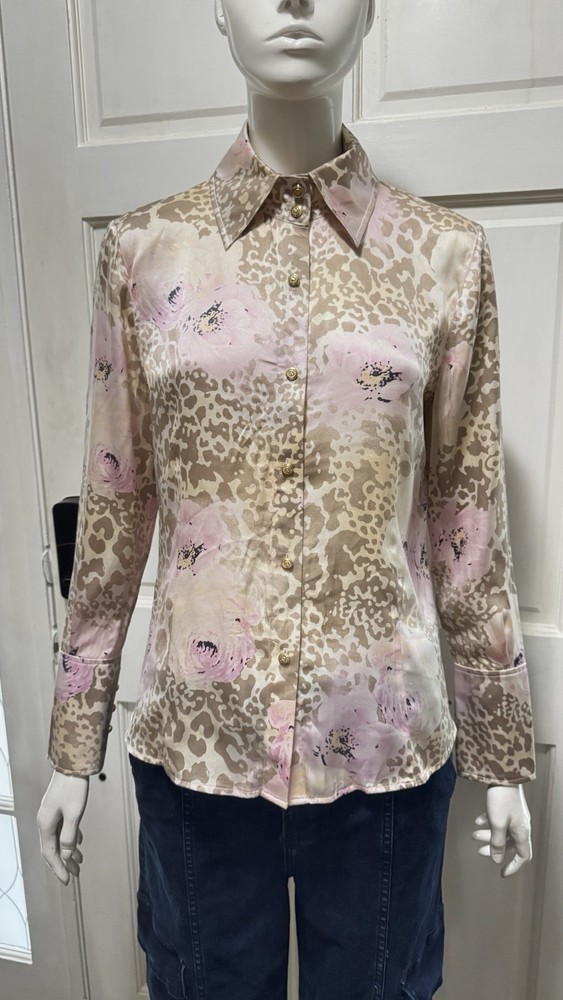 St. John Silk Beige and Pink Floral Button Down Long Sleeve Shirt Size 4