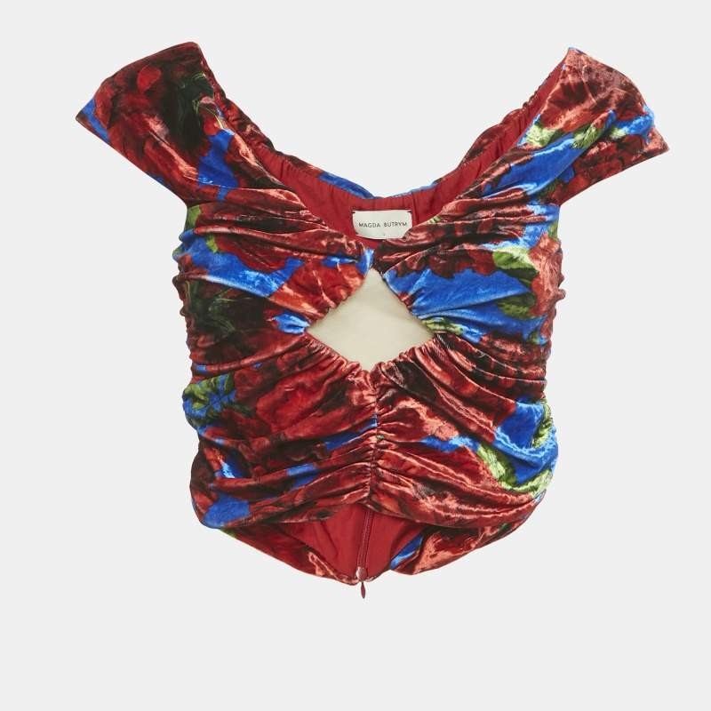 Magda Butrym MulticolorRed Printed Velvet Ruched Crop Top S
