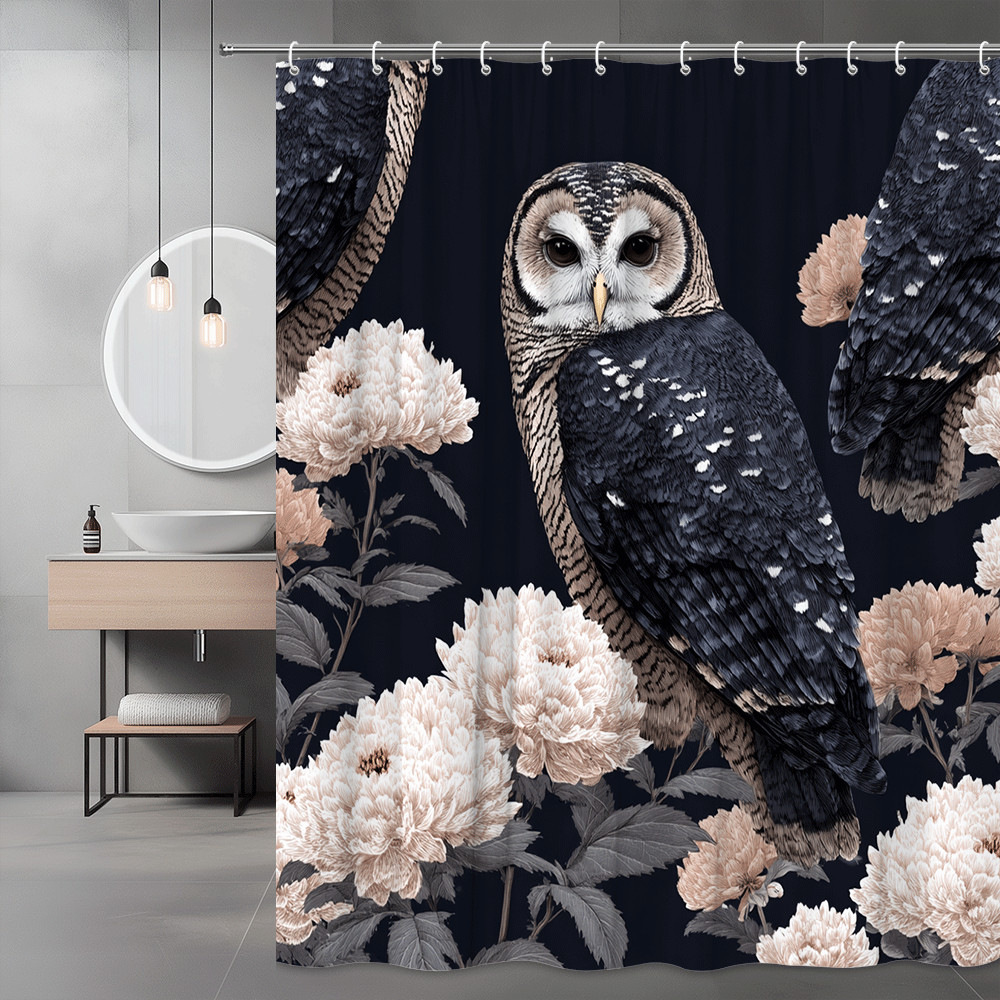 Owl Floral Shower Curtain Black White Botanical Print