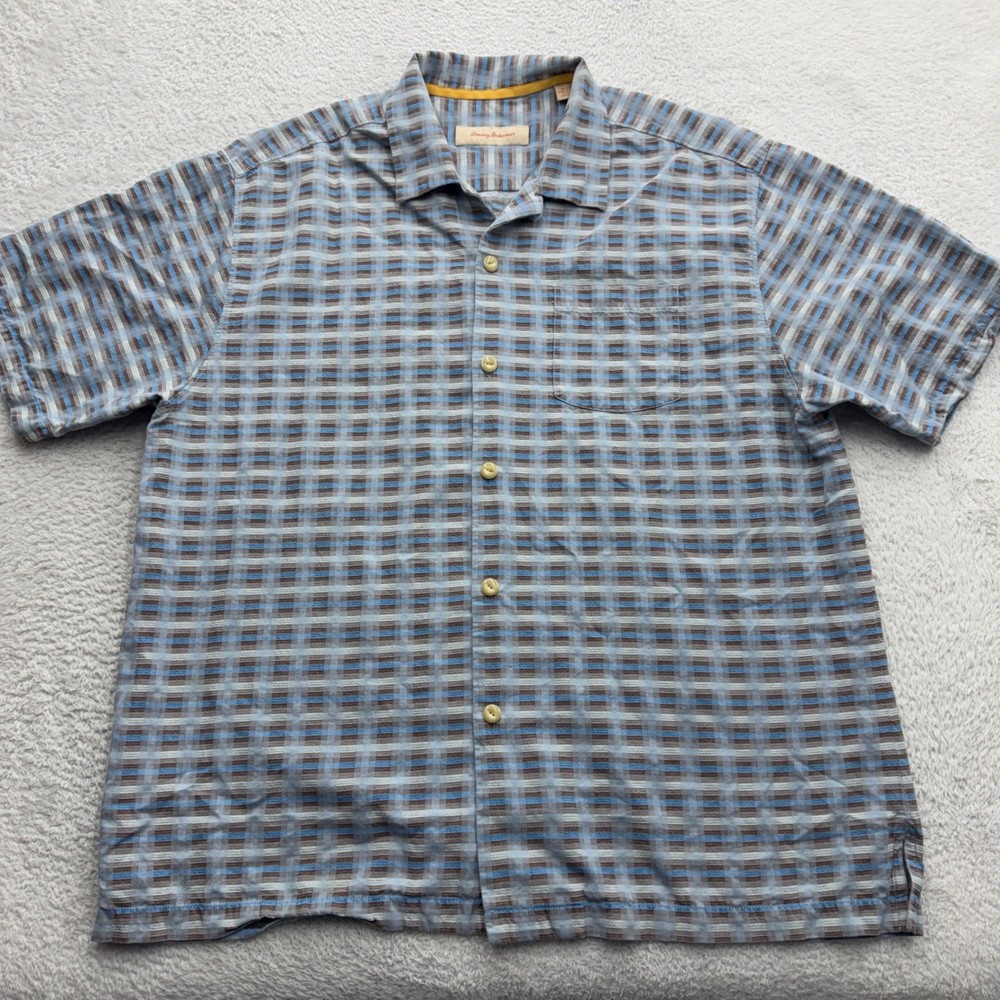 Tommy Bahama Mens XL Silk Cotton Blue Brown Plaid Short Sleeve Camp Shirt