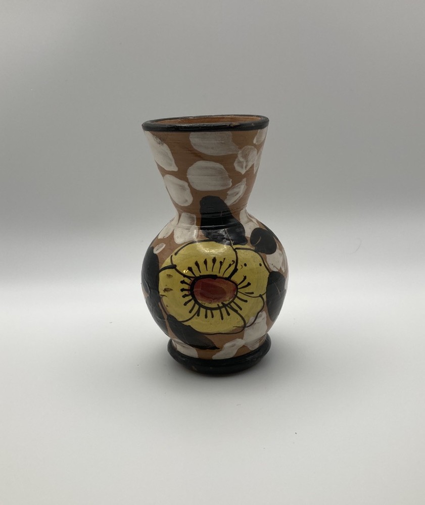 Art Pottery Vase Clay/Terracotta Varnished Handmade Brown Yellow Italy 4.5”