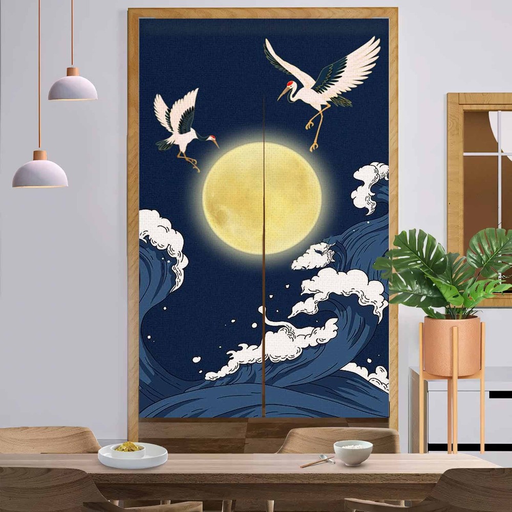 Japanese Noren Doorway Curtain White Cranes Wave Moon Restaurant Kitchen Decor