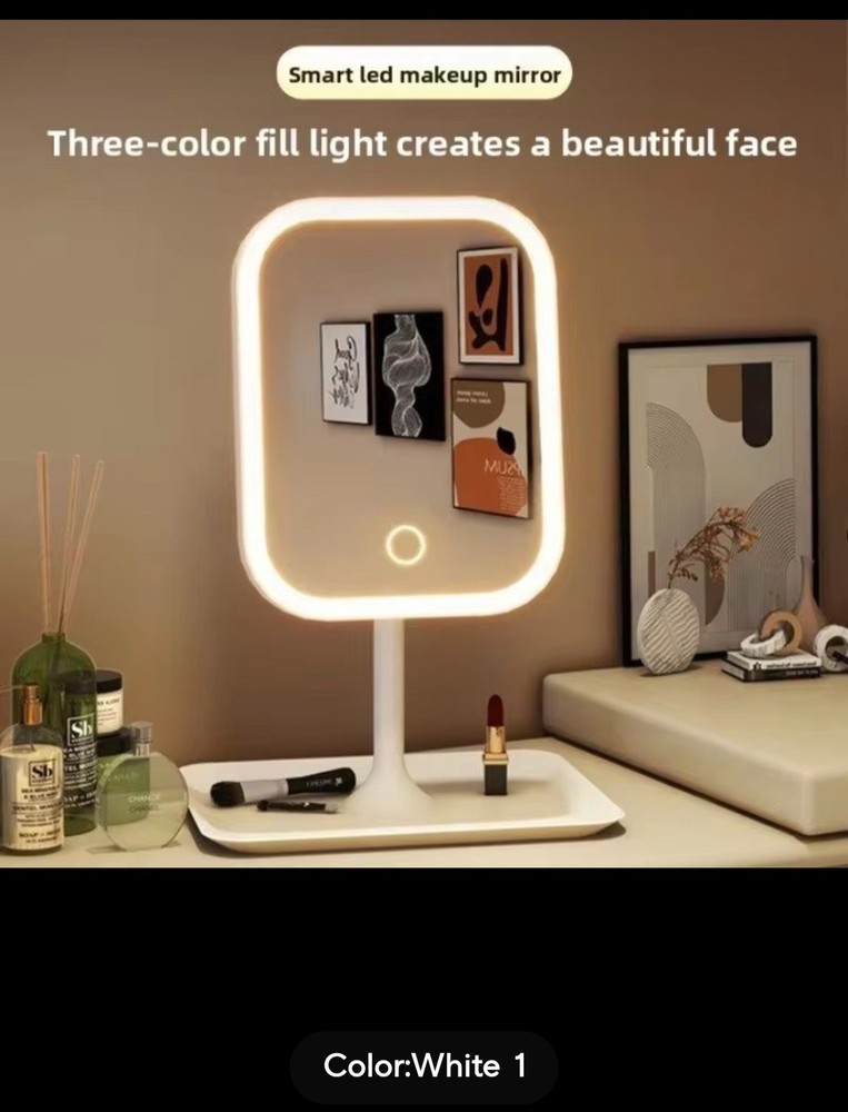 LED Lighted Tabletop Makeup Mirror, Portable, Stepless Dimming, Pink/Wh