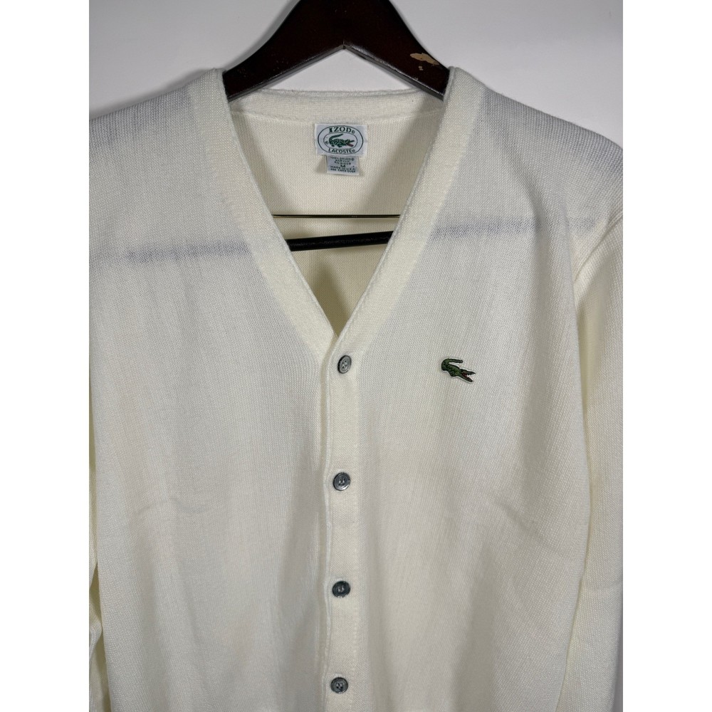 Vintage Izod Lacoste Mens Cardigan Sweater Off White Cream Orlon Acrylic Medium