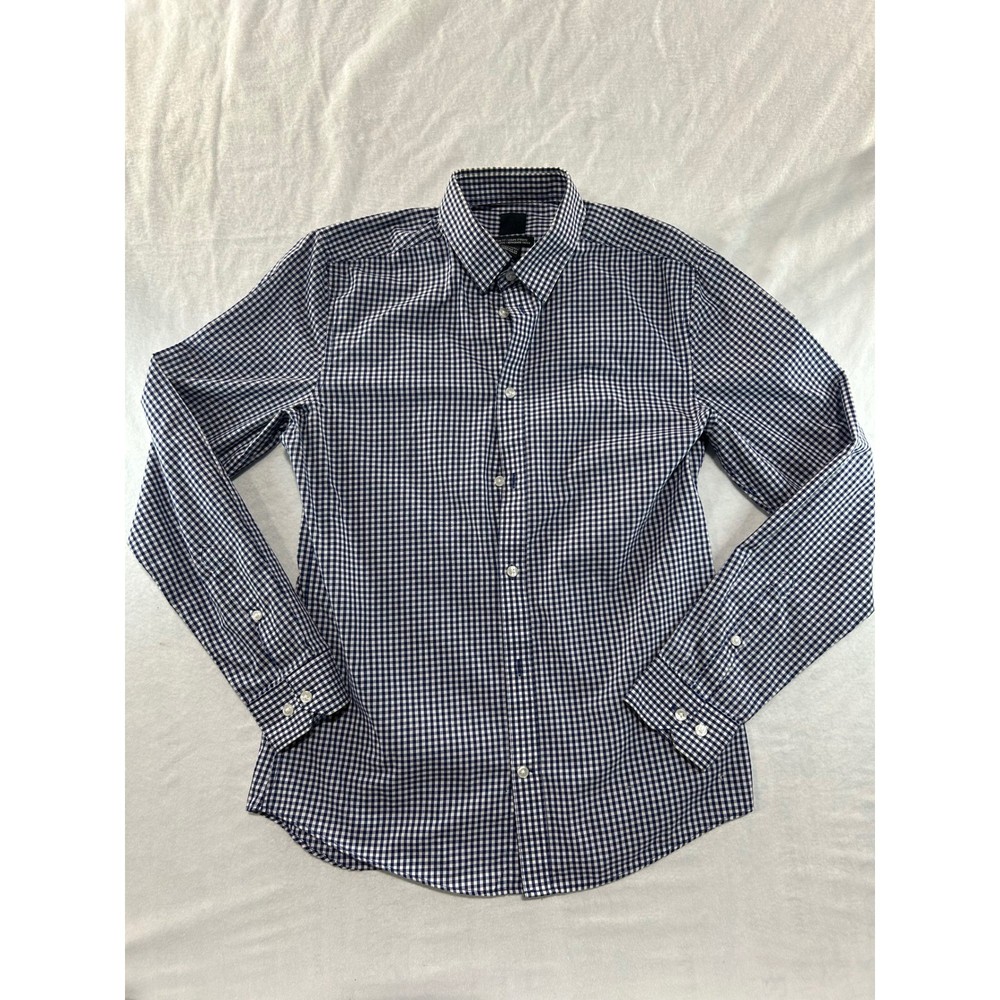 HM Slim Fit Easy Iron Gingham Button Down Shirt Navy Blue White Mens Medium