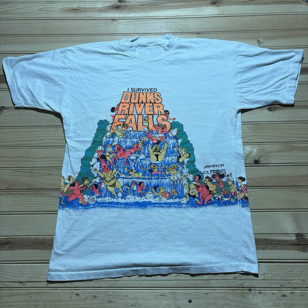 Vintage 80s I Survived Dunns River Fall Jamaica Shirt Size Large AOP Cartoon