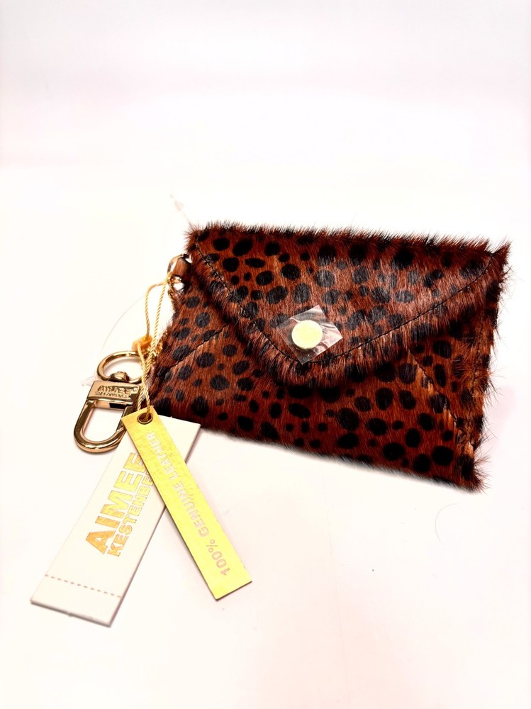Aimee Kestenberg Leopard Print Calf Hair Brown Leather Women Keychain Wallet
