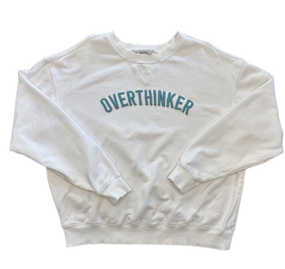 Wildfox “Overthinker” white crewneck soft cozy relatable humorous sweatshirt L