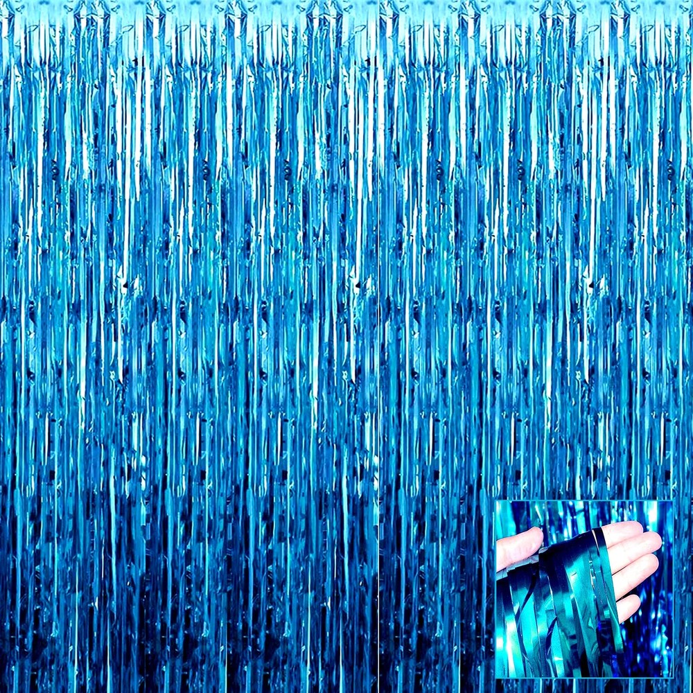 4 Pack Lake Blue Foil Fringe Curtain Backdrop, 3.28Ft x 6.56Ft Metallic Tinse...