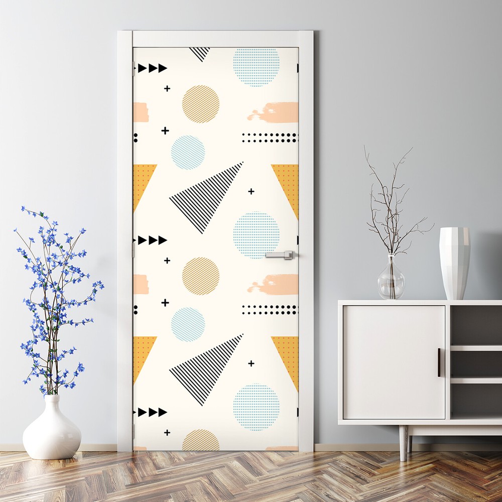 Colorful geometric bubble-free door decal for minimalist decor