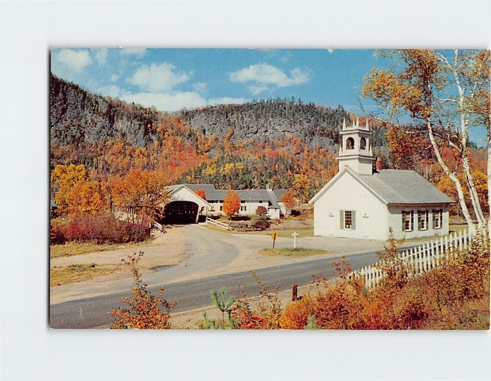 Postcard Covered Bridge Crosses Ammonoosuc River & Church Autumn Scene NH USA