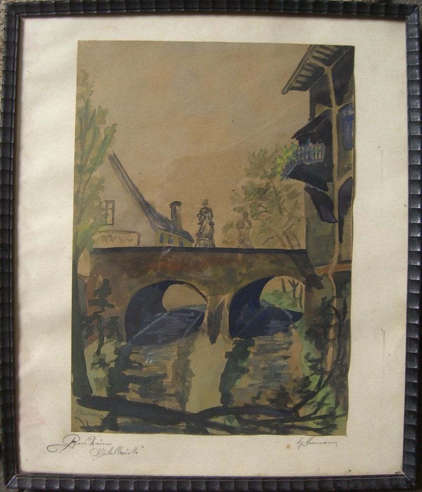 Watercolor Middle Bridge in Bensheim Bergstrasse Architecture Sign. Herrmann