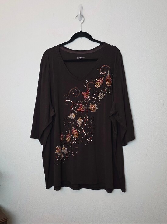 Catherines Plus Size 3X Brown Fall Leaf Beaded Sequin 3/4 Sleeve V Neck Top