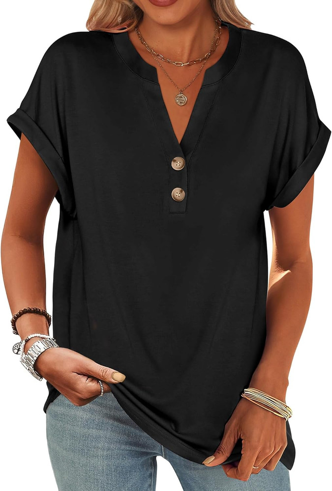Womens Short Sleeve Henley Tops V Neck Dressy Casual Blouses Summer Trendy Tee S