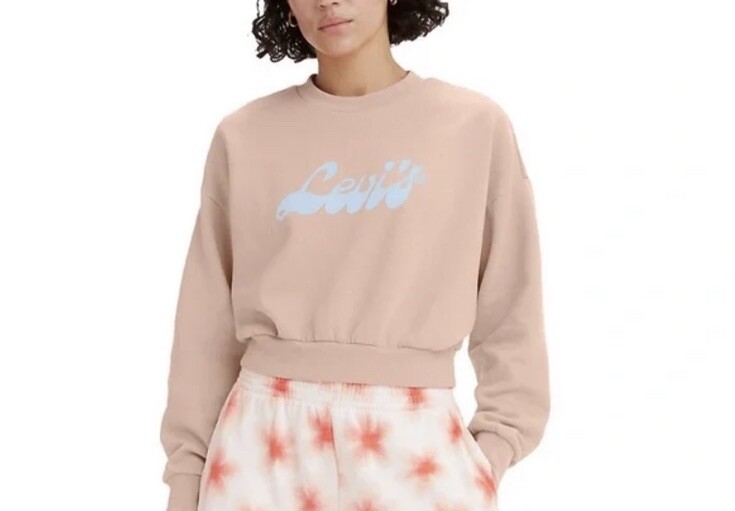 Levi's® Women Small Cropped Graphic Logo Sweatshirt Script Peach Puree