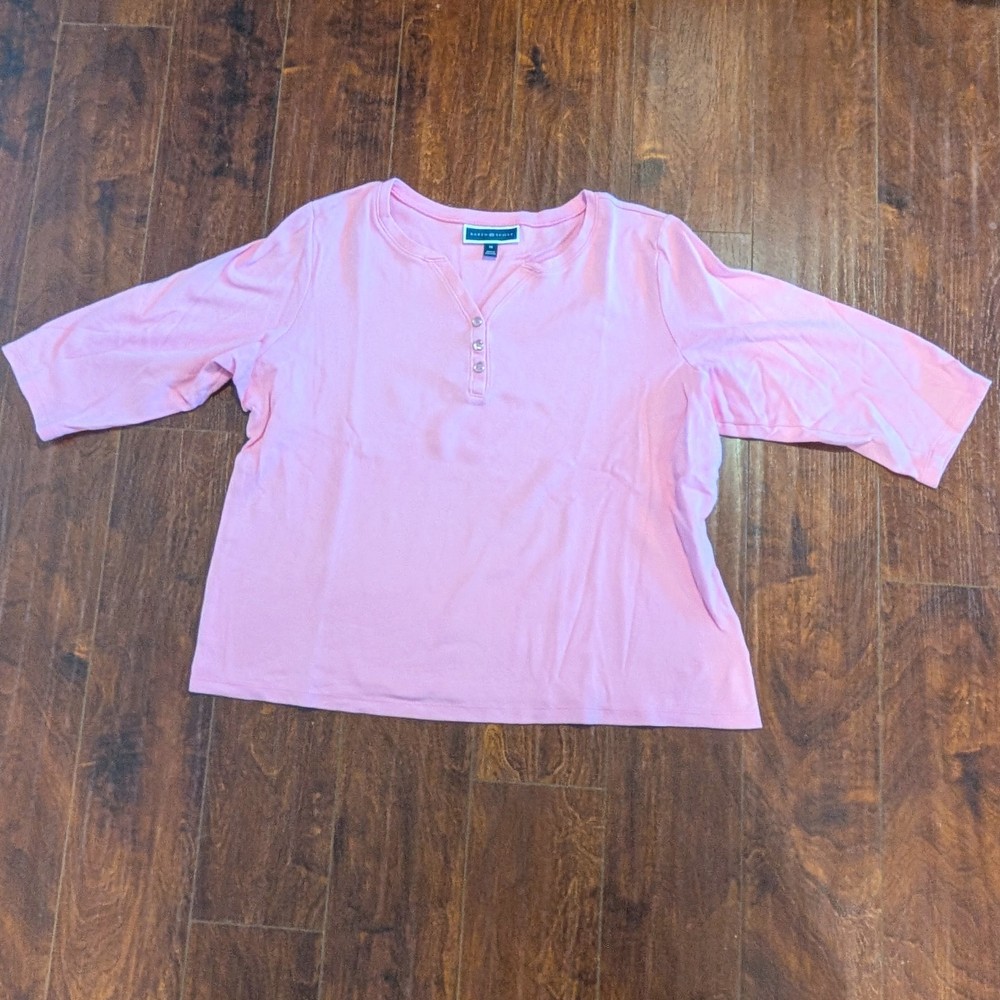 Karen Scott Women's Pink Plus 1X 100% Cotton Henley Tee 3/4 Sleeve Casual Comfy