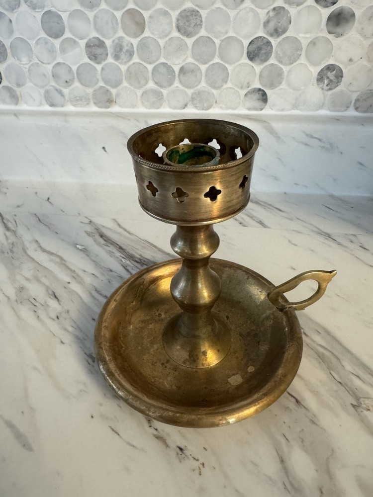 Vintage Solid Brass Chamber-style Candlestick Holder Ornate Finger Loop India