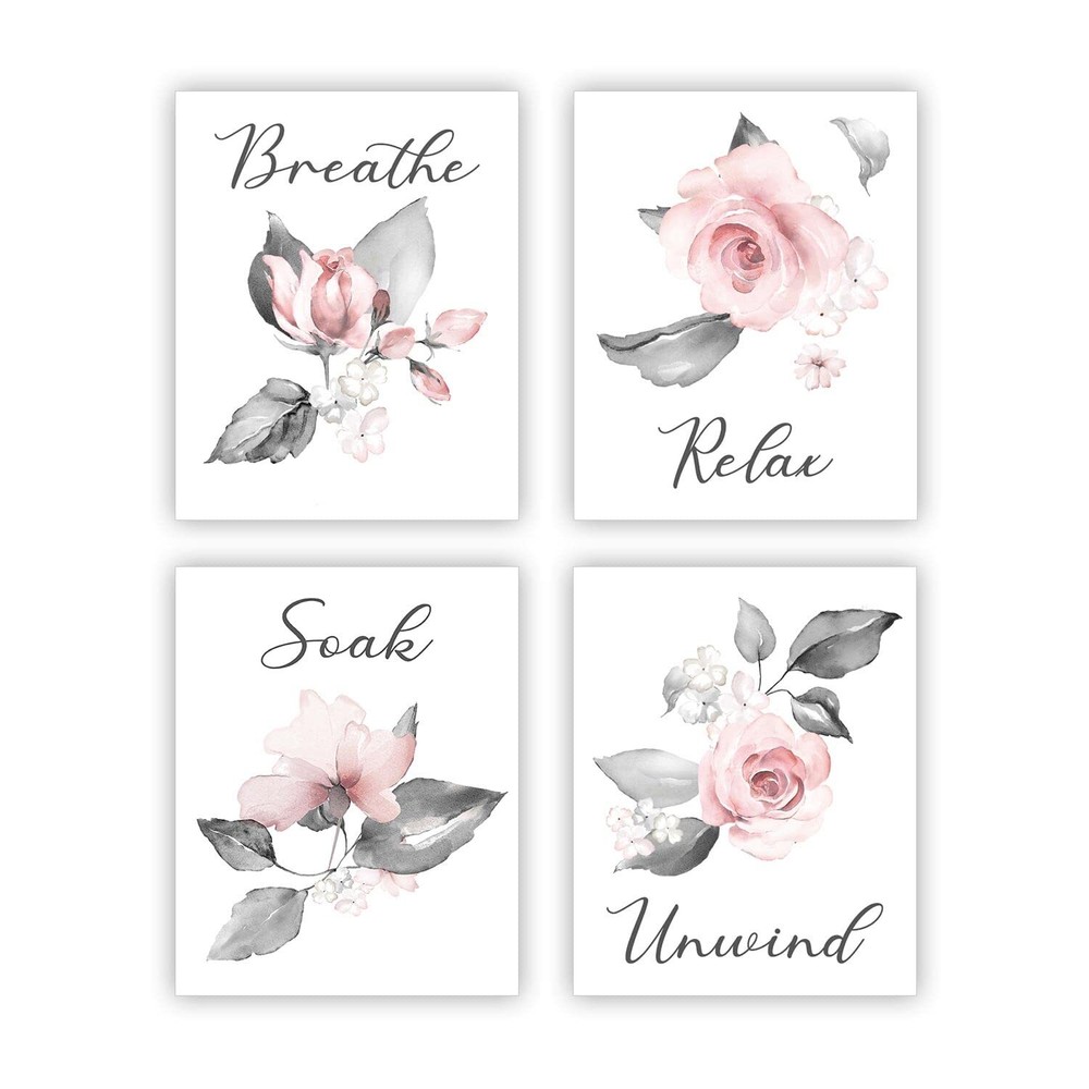 Pink Flower Wall Art Bathroom Grey Wall Decor Relax Soak Unwind Breathe Wall ...