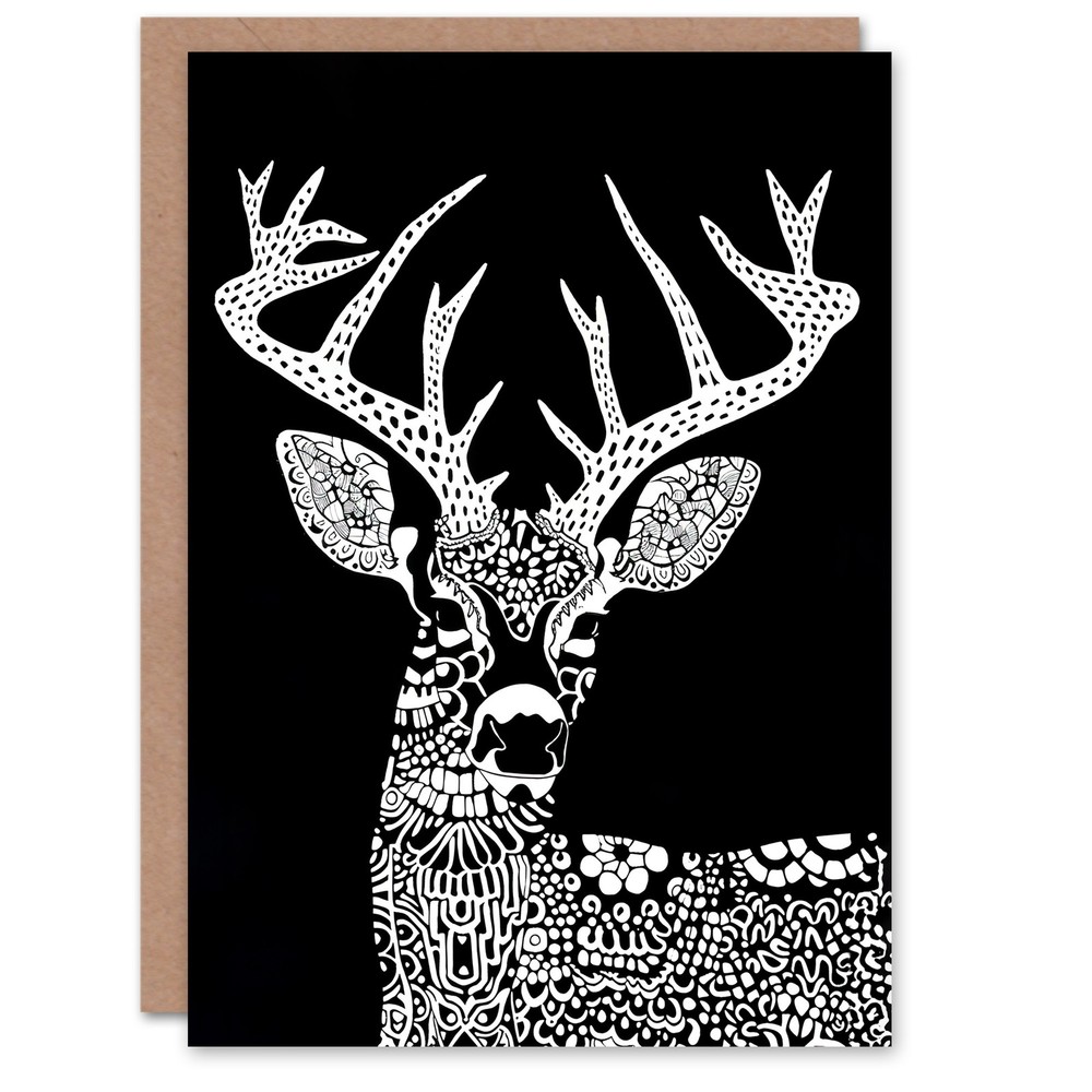 Deer Black White Tribal Pattern Stag Design Greeting Card Birthday Him Her