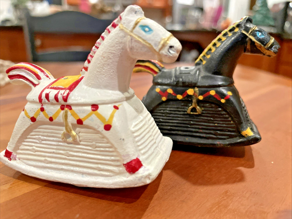 Vintage Cast Iron Toy Rocking Horse  Salt Pepper Shakers, Collectible Equestrian