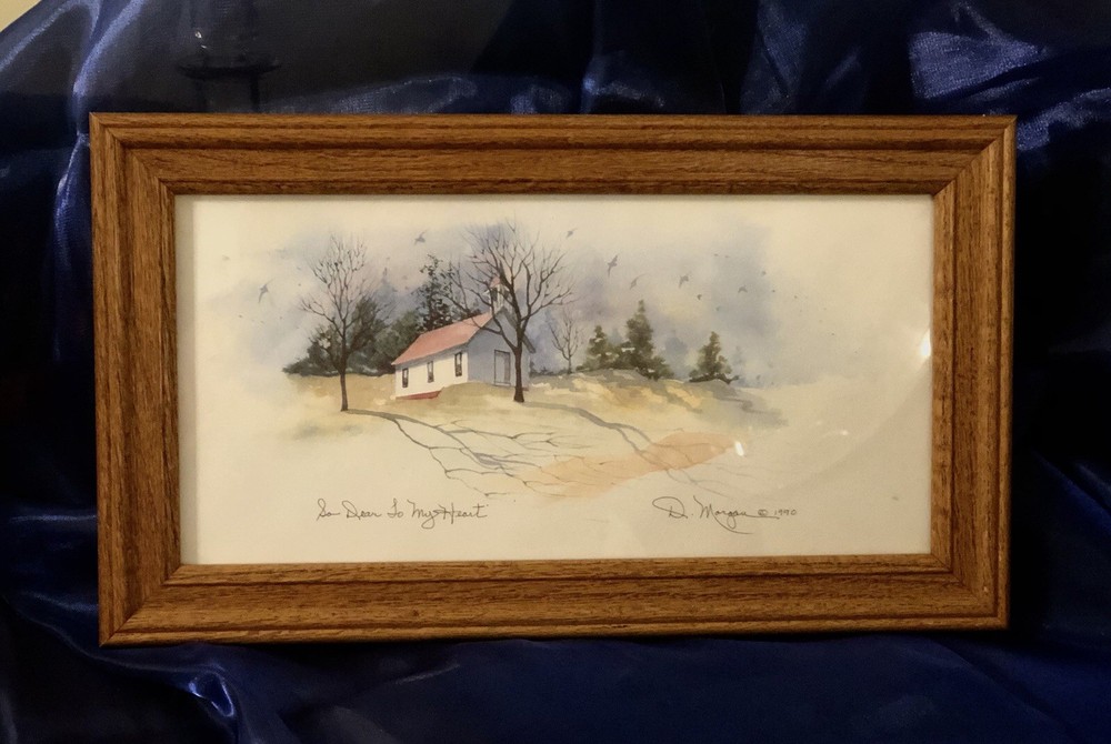 Vintage 14” X 8” D. MORGAN WATERCOLOR CHURCH WINTER PAINTING PICTURE PRINT