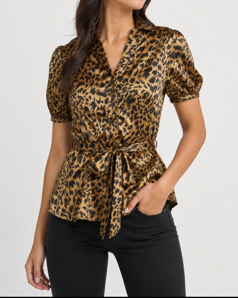 APT. 9 Womens Leopard Animal Print Satin Blouse Tie Front Top Size L  Y2k