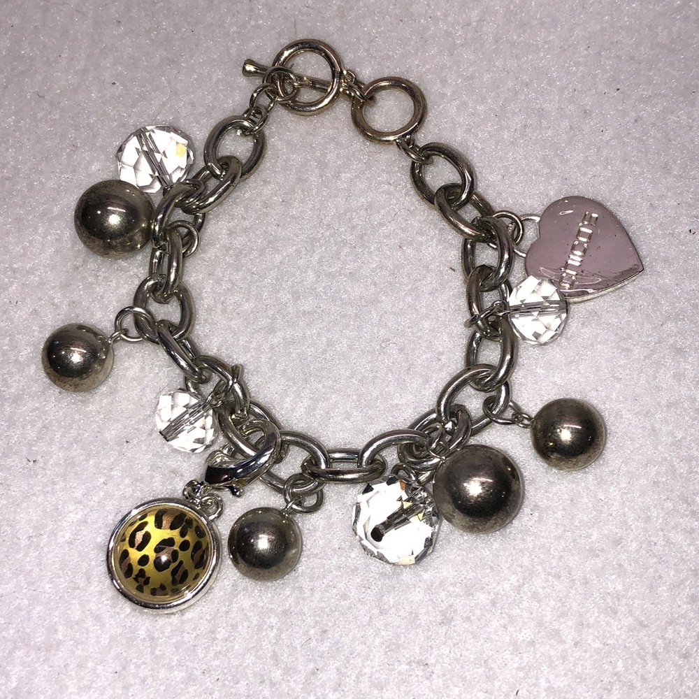 Chicos Silver Tone Charm Bracelet Crystal Beads Ball Dangles Toggle Heart Charm